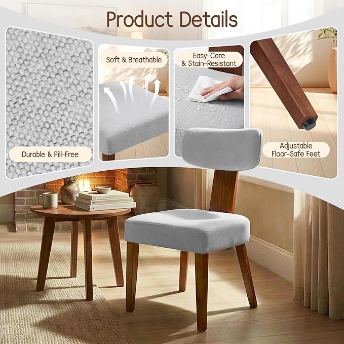 Dining Chairs Set of 2, Mid-Century Modern Upholstered Kitchen Chairs with Curved Backrest and Linen Fabric Seat, Wood Leg Accent Chairs for Dining Room, Living Room, Bedroom, Grey