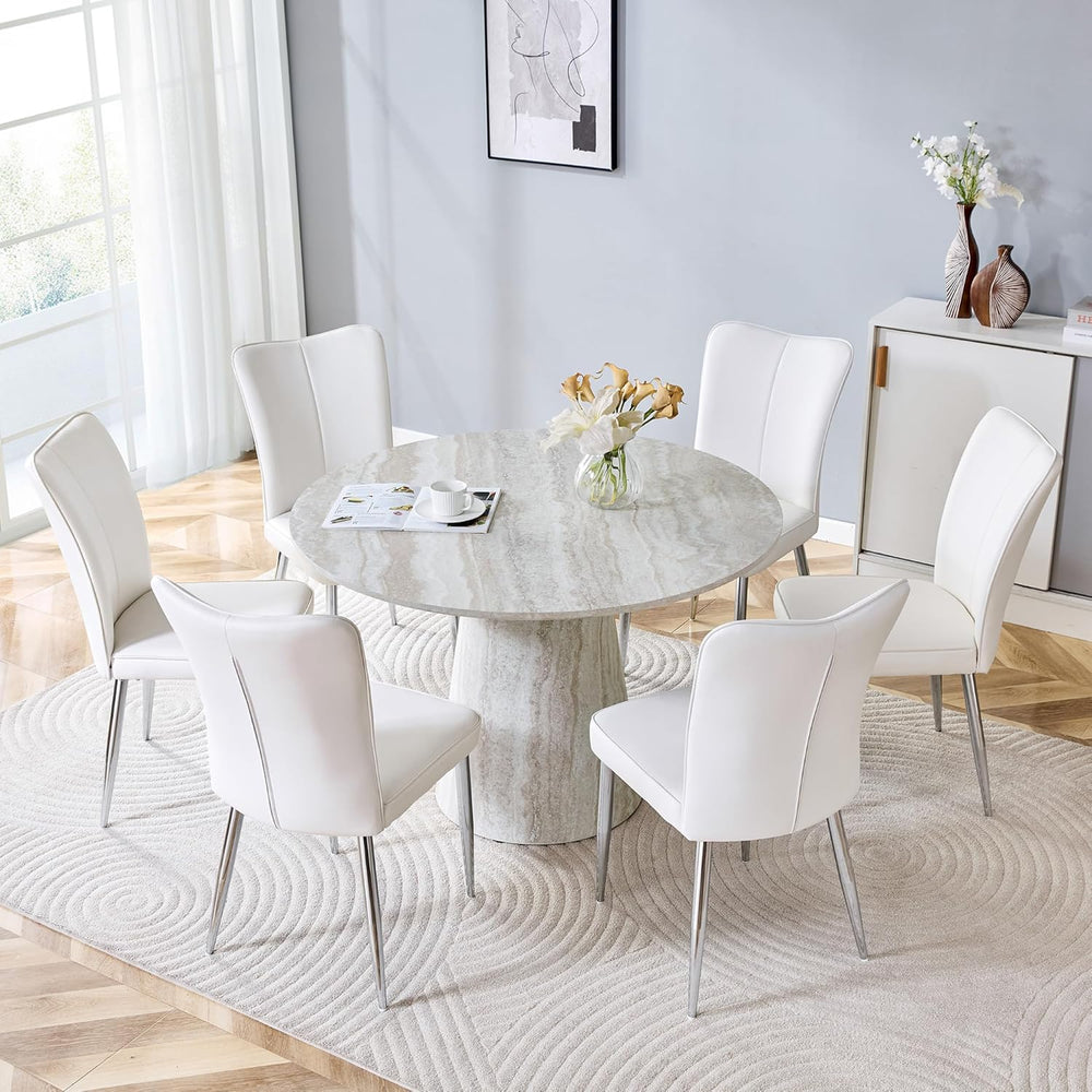 Faux Marble Round Dining Table for 4-6, 45" Modern Farmhouse Round Kitch...