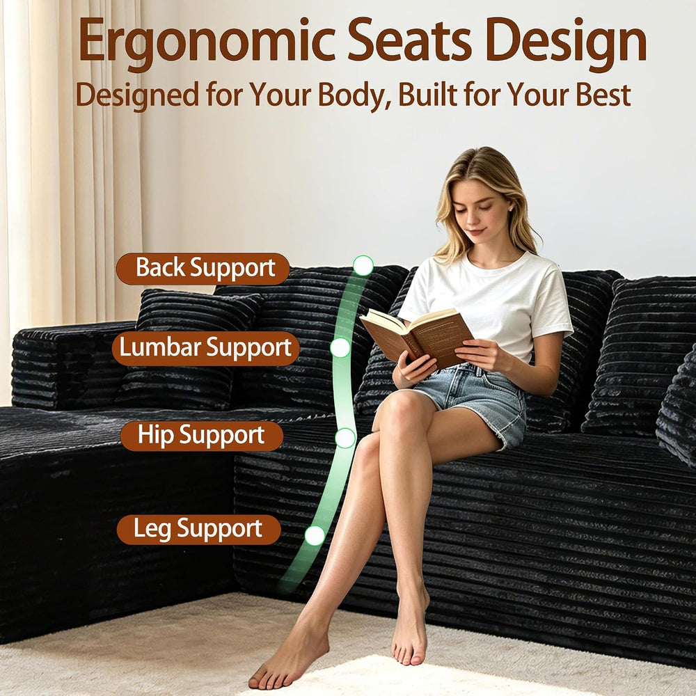 93" Couch for Living Room, Black, Left Facing Chaise | Corduroy L-Shape ...