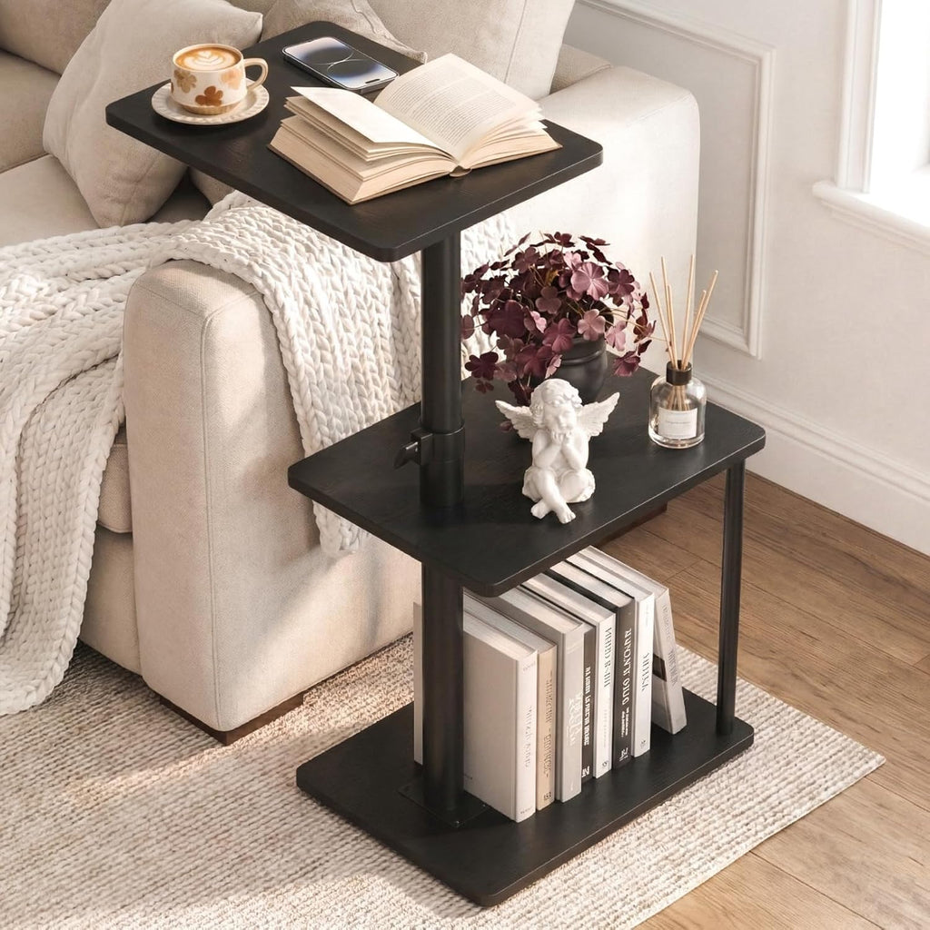 Faesun Swivel Side Table for Couch Arm, Adjustable C End Table for Recliner or Bed, Tv Trays with Storage Shelf for Small Spaces Small Nightstand Table for Living Room, Bedroom