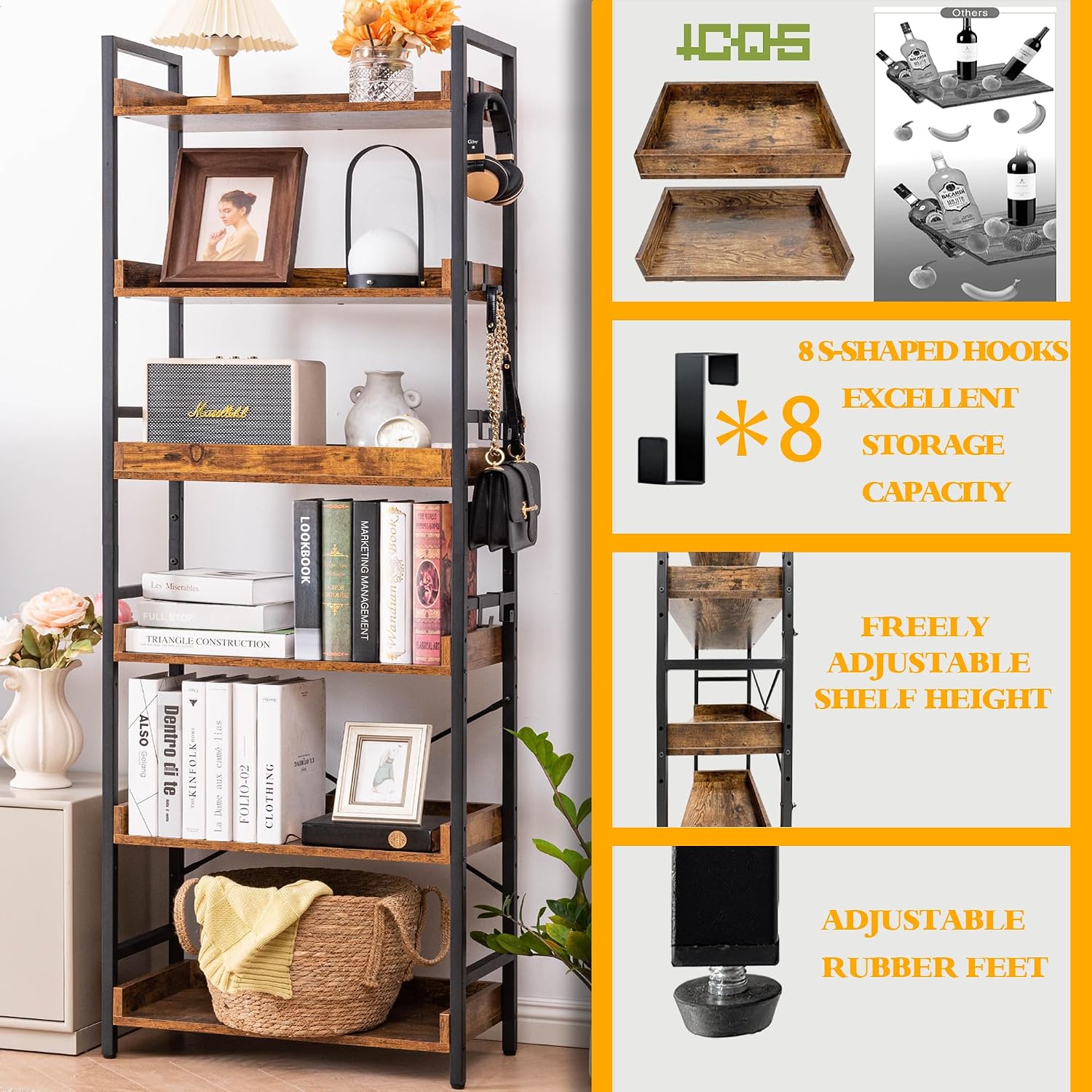 HCHQHS Adjustable 6 Tier Open Bookcase, Rustic Farmhouse Book Shelves, Industrial Wood and Black Metal Bookshelves, Mid Century Bookcase for Home Office Living Room Bedroom