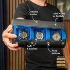 DailyWatch | Personalized Watch Roll Travel Case For 3 Watches - Handmade Genuine Leather Travel Case With Custom Engraving of Name or Initials - Black Blue