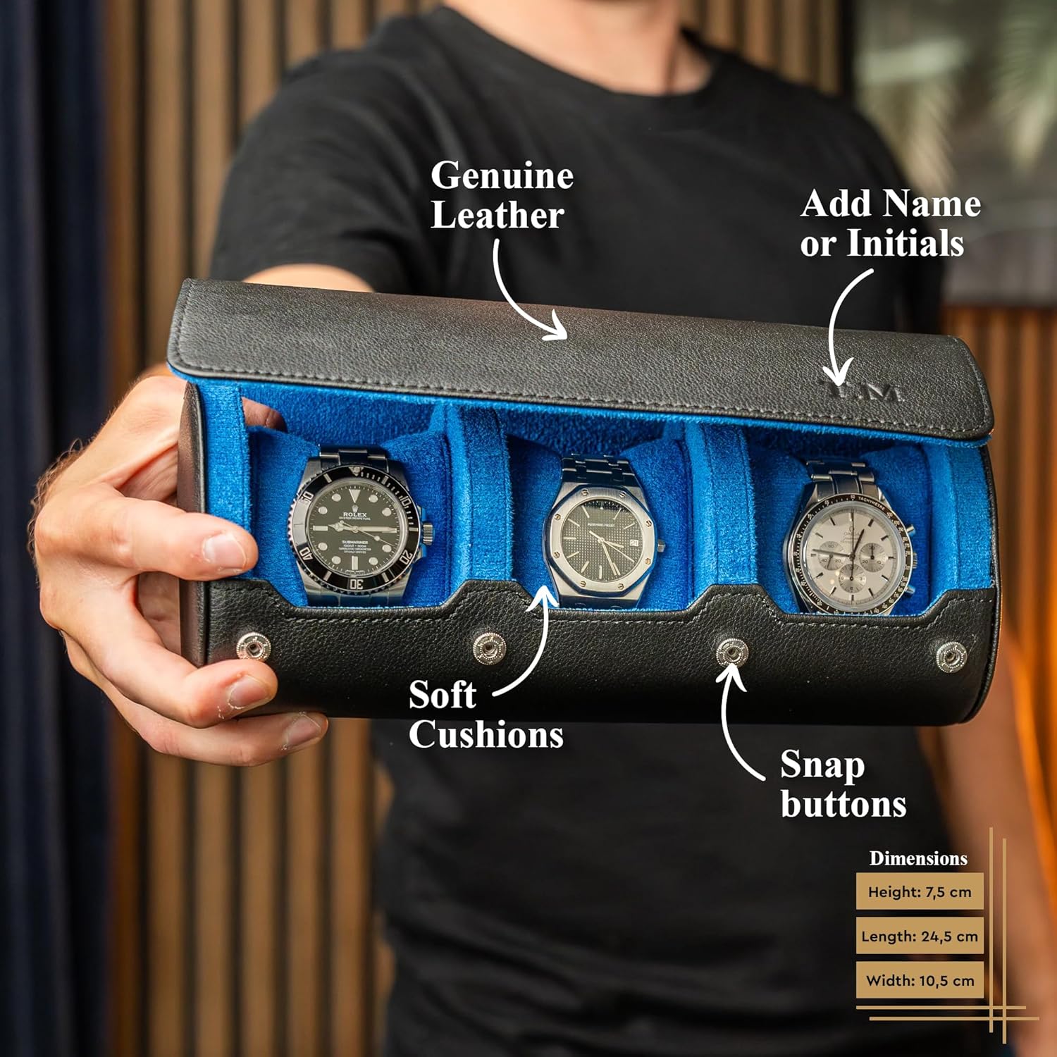 DailyWatch | Personalized Watch Roll Travel Case For 3 Watches - Handmade Genuine Leather Travel Case With Custom Engraving of Name or Initials - Black Blue