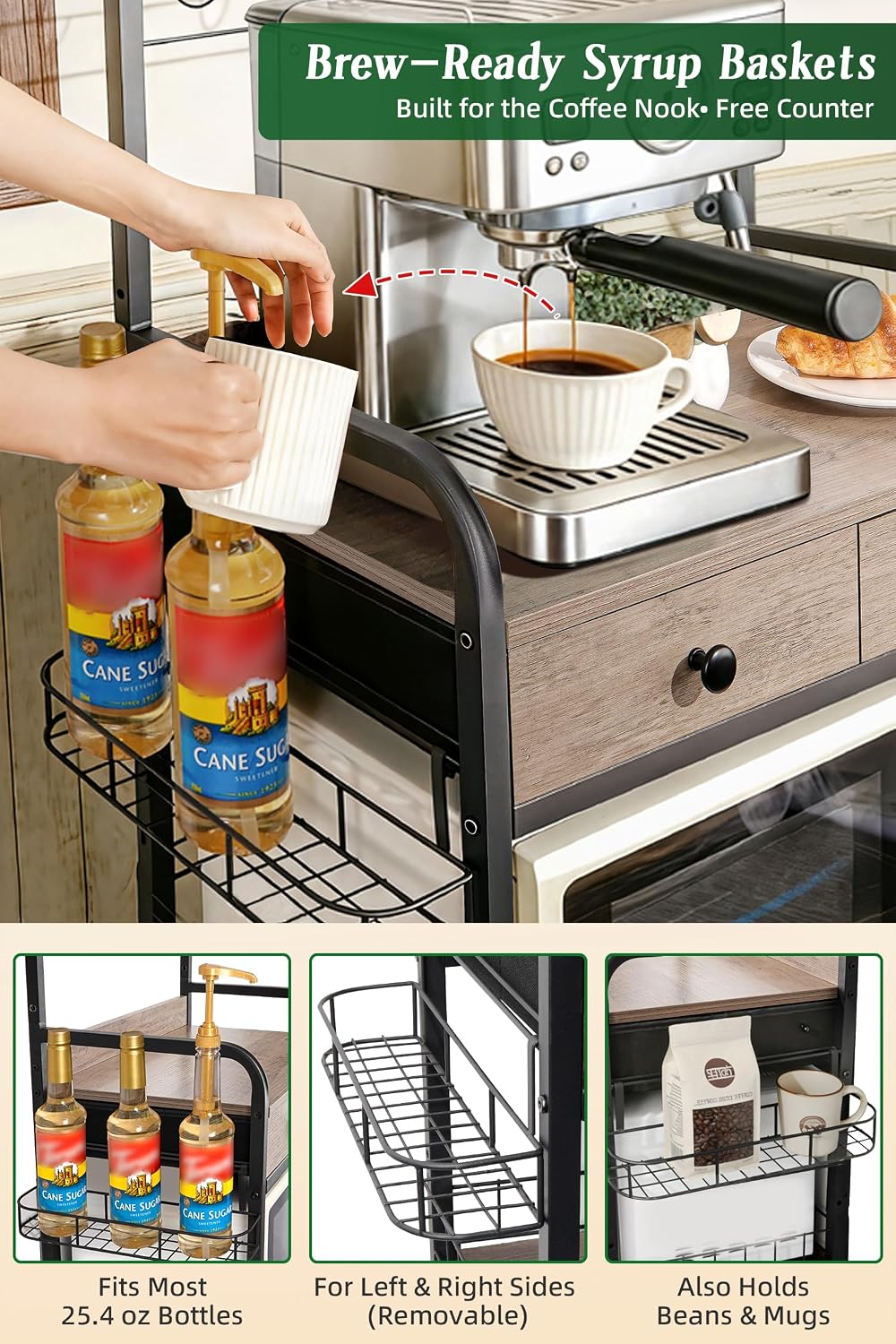 Coffee Bar Cabinet with Storage, Coffee Cart with Wheels, Coffee Station with...