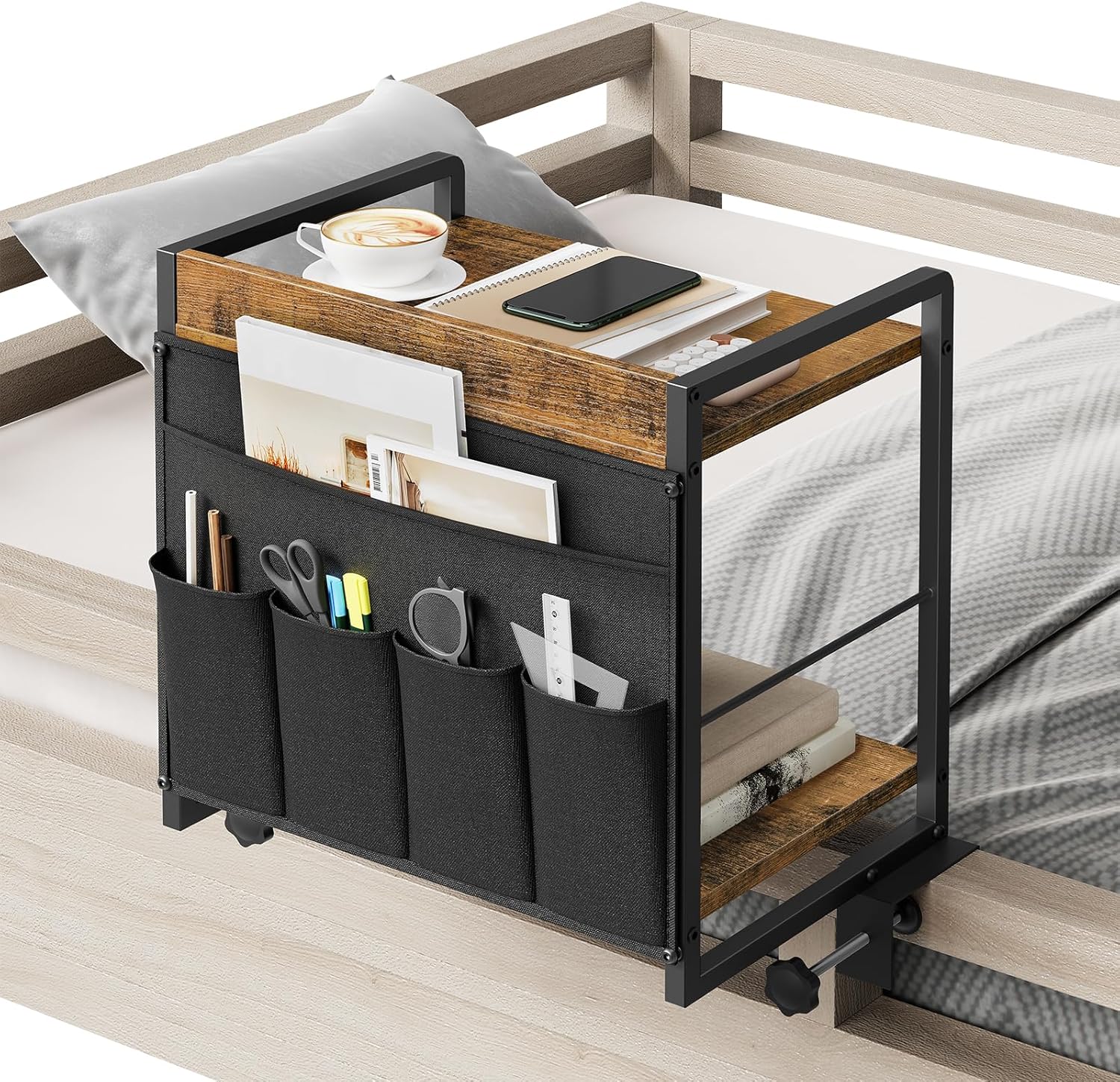 2-Tier Bedside Shelf, Bed Tray Shelf with Fabric Pockets Storage, Clip-on Loft & Bunk Bed Shelf for College, Nightstand for Sofa, Bedroom, Apartment, Rustic Brown and Black ET20BR