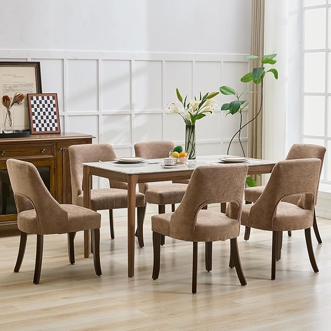 UVV Wooden Dining Chairs Set of 6, Mid Century Modern Upholstered Dining Room Chair Kitchen Chairs, Chenille Dinner Chair with Solid Wood Legs for Kitchen Dining Room, Khaki