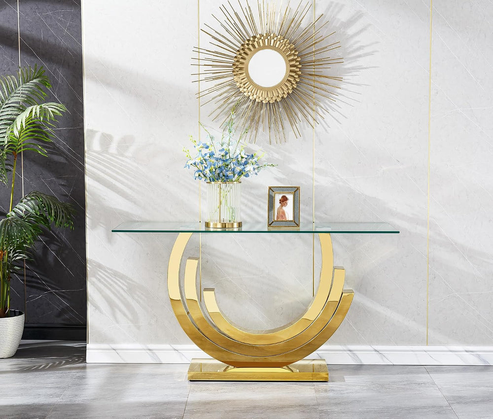1 Piece Living Room Console Table Luxury Glass Entryway Table,Elegant Gold Co...
