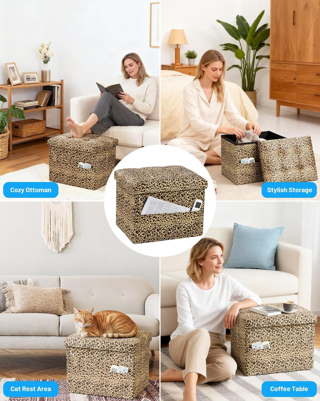 Bsketa Storage Ottoman Bench, 17" Folding Velvet Foot Rest,Leopard Print | Small Ottoman with Side Pockets, Thicker Foam Padded Seat, Livingroom, Dorm, Bedroom, Easy to install, 43L,17x13x13in