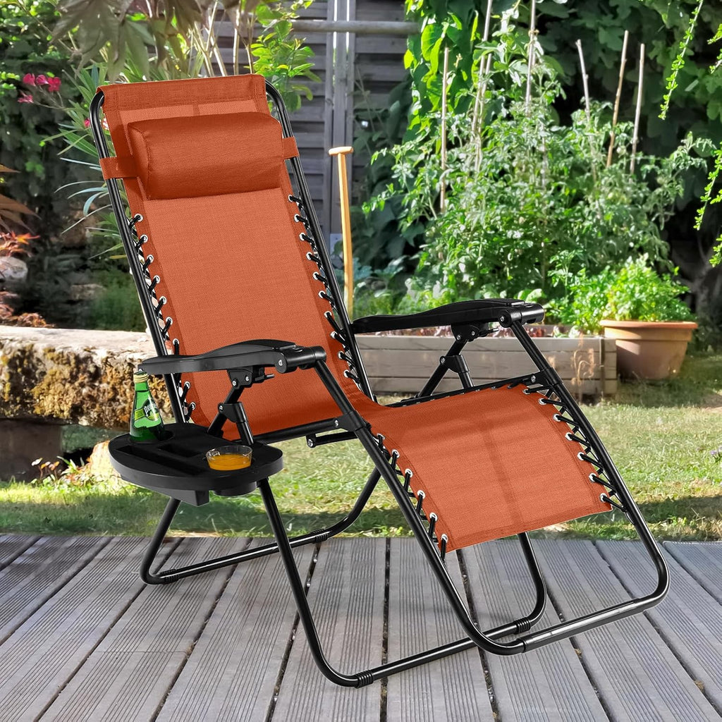 Tangkula Zero Gravity Chair, Folding Patio Lounge Chair Adjustable Outdoor Recliner with Cup Holder, Wide Armrest for Patio Garden Poolside Outdoor Yard Beach, Support 350 lbs (2, Orange)
