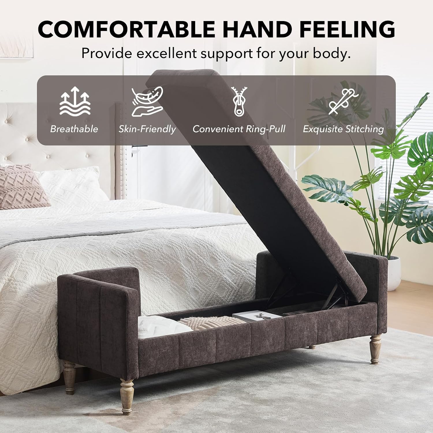 NIOIIKIT 65" Corduroy Upholstered Storage Ottoman Bench with Pillows Coffee | Large Entryway Bench with Wood Leg, End of Bed Bench with Straight Armrest, Window Bench for Bedroom, Living Room
