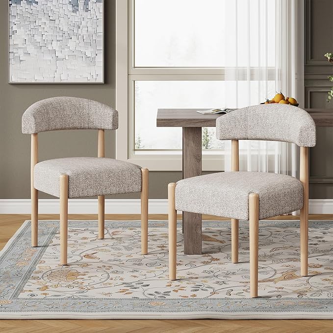 VKNOW Wooden Dining Chairs Set of 2, Modern Upholstered Dining Room Chairs with Rubberwood Legs and Curved Backrest, Fabric Kitchen Chairs for Farmhouse/Living Room/Dining Room, Brown