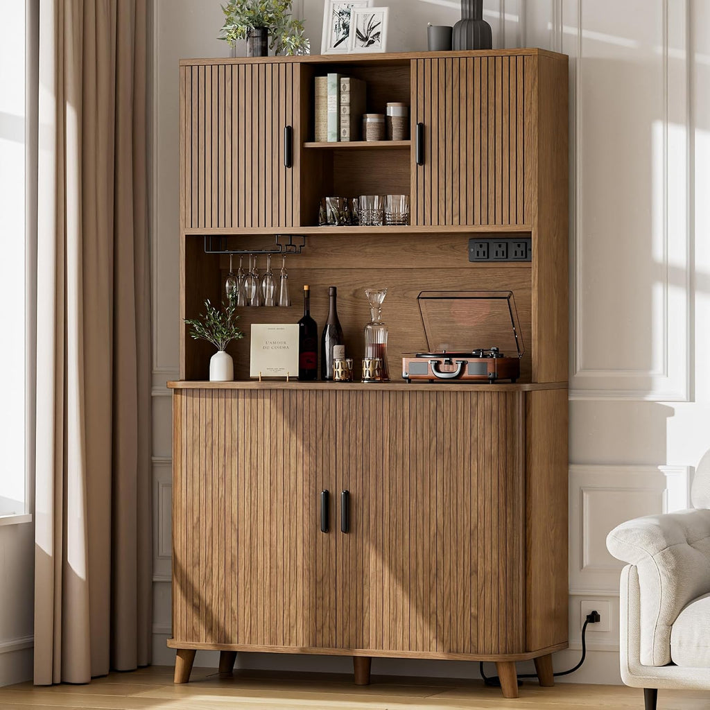 Lulive Kitchen Pantry Cabinet with Charging Station, Walnut | Rolling & Sliding Doors, Adjustable Shelves, Open Countertop, Wine Glass Rack, Modern Storage Cabinet for Dining Room
