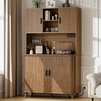 Lulive Kitchen Pantry Cabinet with Charging Station, Walnut | Rolling & Sliding Doors, Adjustable Shelves, Open Countertop, Wine Glass Rack, Modern Storage Cabinet for Dining Room