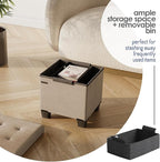 STORAGEBUD Storage Ottoman Cube with Small Bin, 16-in Square Ottoman with Storage for Living Room and Bedroom, Small Ottomans Foot Rest, Fabric Foot Stools Ottomans Max 330lbs, Taupe