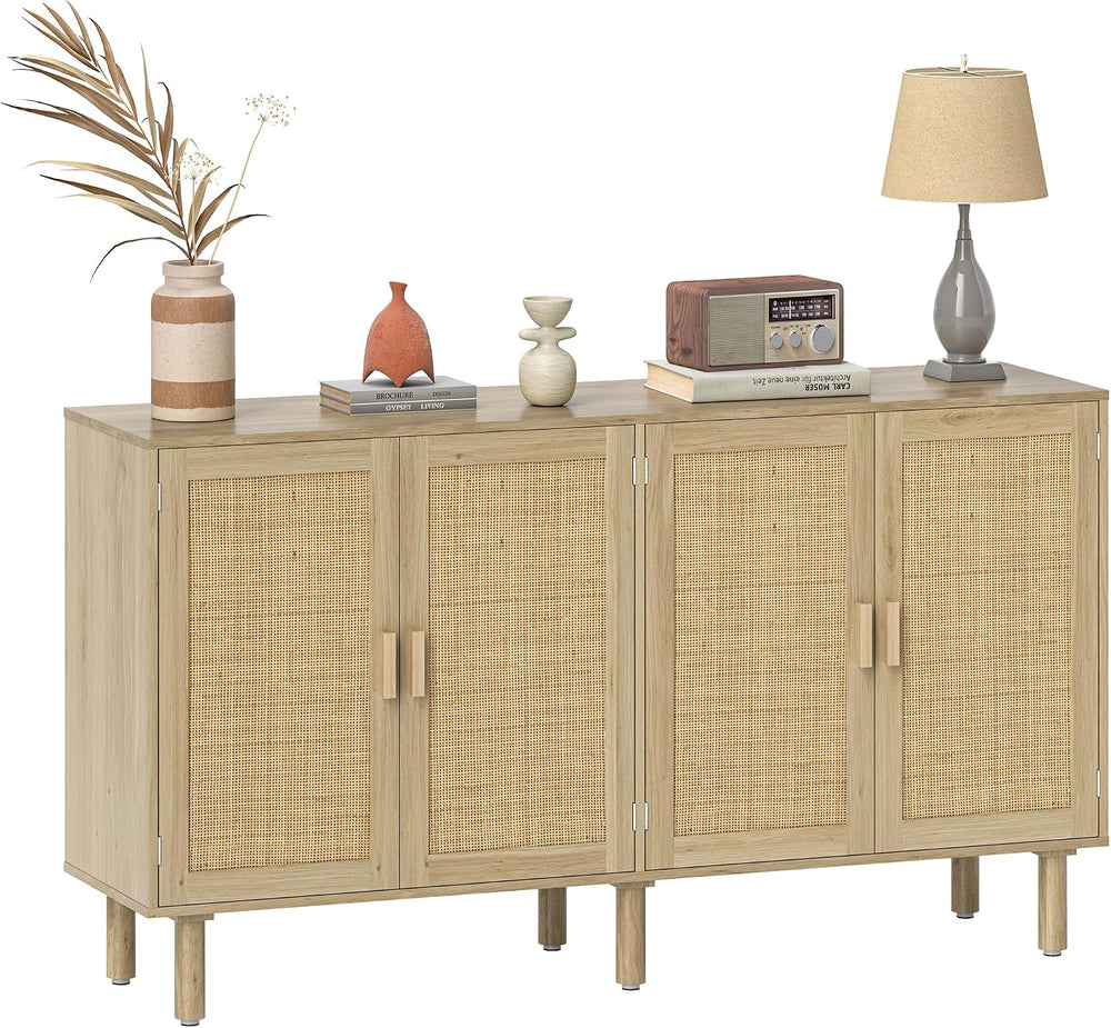 HOMCOM Sideboard Buffet Cabinet, 62" Boho Buffet Table, Rattan Coffee Ba...