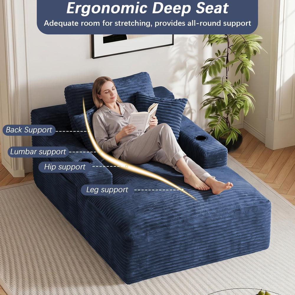 50" x 76" Corduroy Chaise Lounge Sofa Bed with Cup Holders, Blue | ...