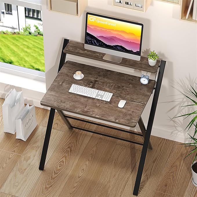 GreenForest No Assembly Folding Desk, 2-Tier Compact Computer Desk with Shelf, Space Saving Foldable Table for Home Office, Dorm or Apartment, Portable Collapsible Sturdy Laptop Desk, Brown