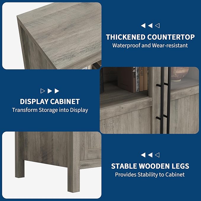GarveeHome Sideboard Buffet Cabinet with 4 Glass Doors, 55" Buffet Table Coffee Bar Wine Bar Display Cabinet for Kitchen Dining Room, Living Room (Grey, Glass with 4 Doors)