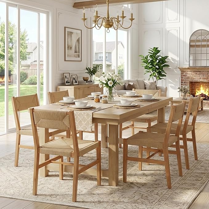 Mid Century Modern Rattan Dining Chairs Set of 6, Natural Beechwood Kitchen Chairs Farmhouse Woven Dining Room Chairs, Armless Boho Cane Wicker Chair Wooden Dining Chairs with Weave Hemp Seat and Back