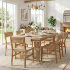 Mid Century Modern Rattan Dining Chairs Set of 6, Natural Beechwood Kitchen Chairs Farmhouse Woven Dining Room Chairs, Armless Boho Cane Wicker Chair Wooden Dining Chairs with Weave Hemp Seat and Back