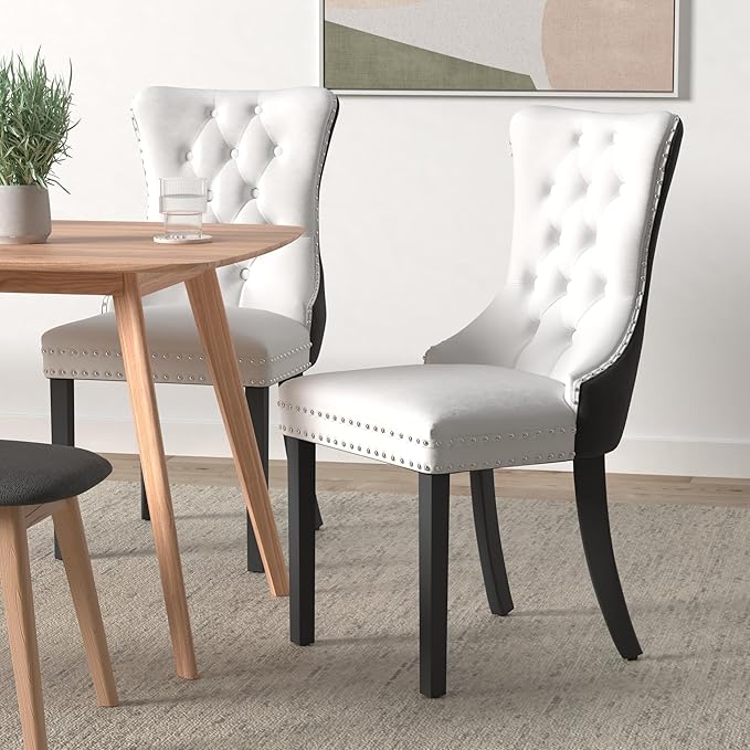Dining Room Chairs Set of 4, Upholstered Dining Chairs with Back Ring Pull Trim and Solid Wood Legs, Modern Tufted Kitchen Chairs for Dining Room, White Pu Leather Splicing Black Velvet