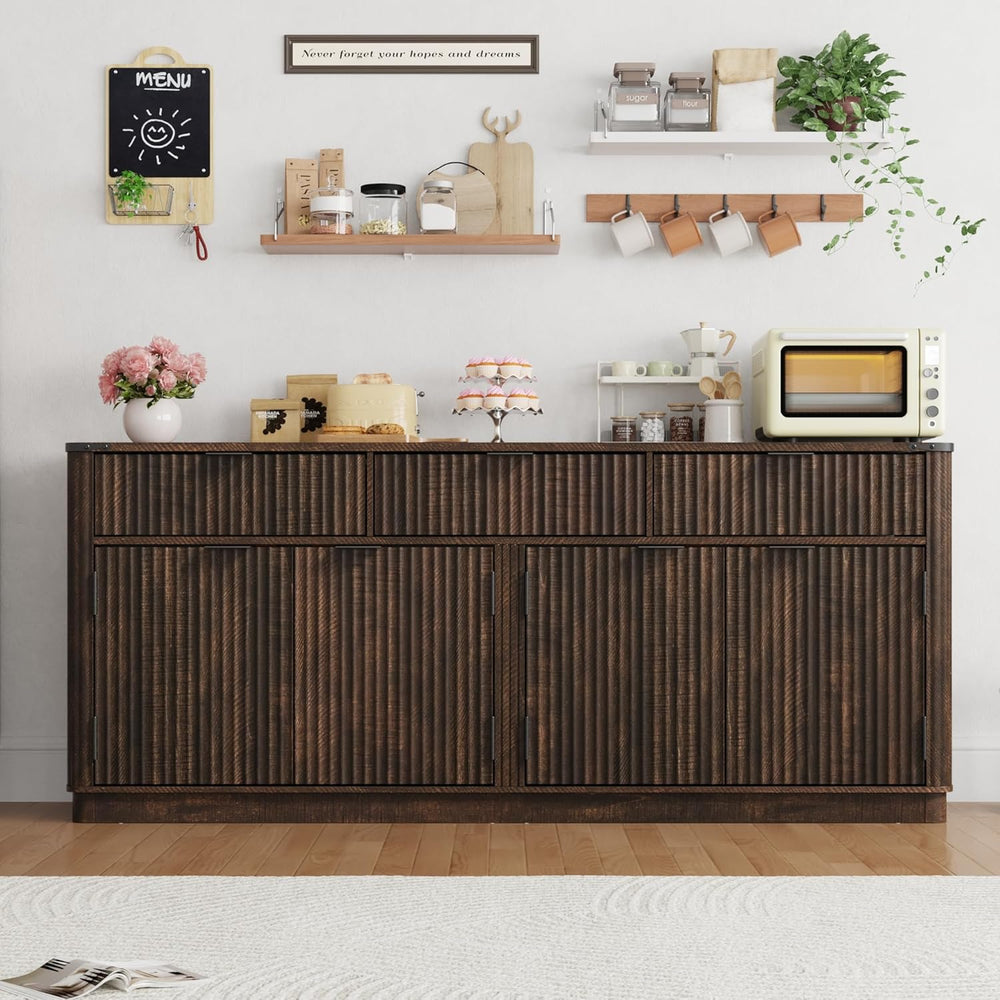 70” Rounded Edge Large Sideboard Buffet Cabinet with 3 Storage Drawers,Farmho...