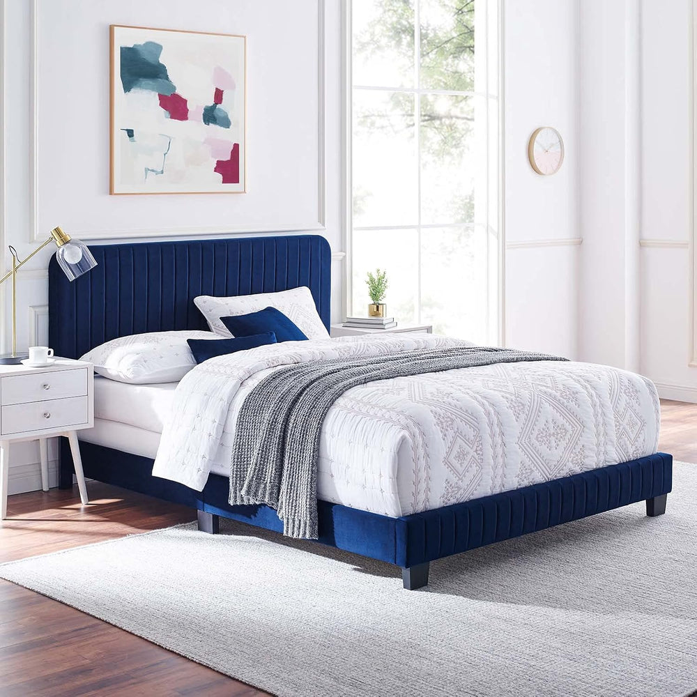 Tufted Platform Bed Frame, King Size, Velvet, Blue Navy, Modern Contemporary,...