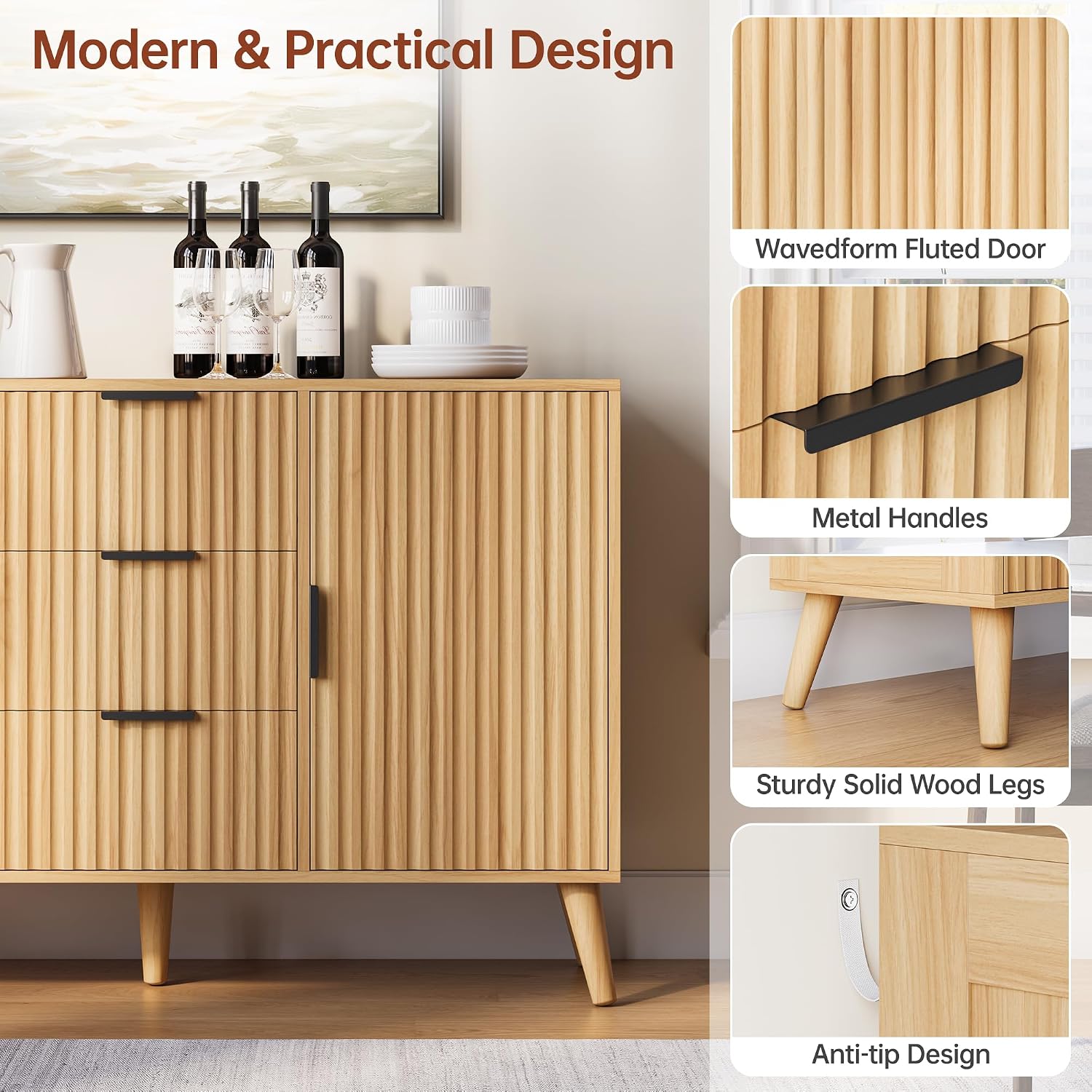 47.2" Fluted Sideboard Buffet Cabinet with 3 Drawers, Modern Sideboard Cabinet with Storage, Large Storage Cabinets with 2 Doors Accent Credenza for Kitchen|Living Room|Entryway, Natural