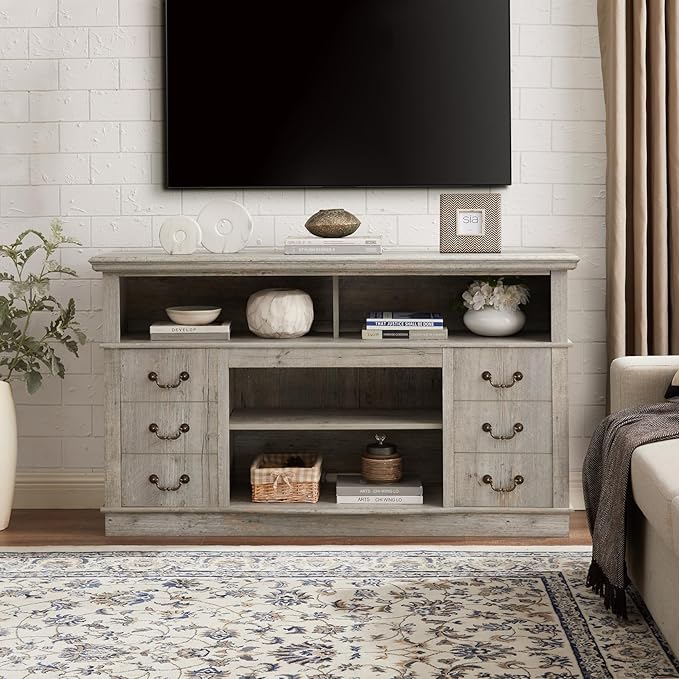TV Stand for 65" TV: Rustic Drawer-Like TV Cabinet | Tall Farmhouse Media Entertainment Center with Storage Console and Adjustable Shelves for Living Room - Light Gray