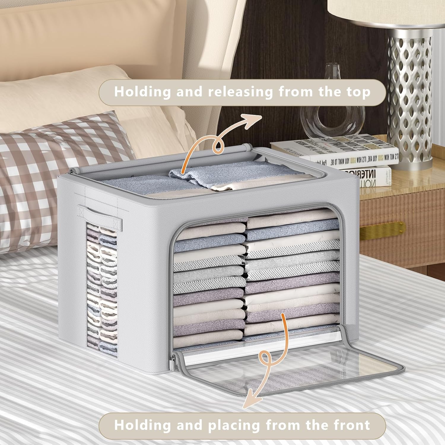 CYhom 3Pack Frame Storage Box - Clothes Storage Bin Bags Oxford Fabric Foldable Stackable Container Organizer Set with Clear Window & Carry Handles (Grey, Extra Large-100L)