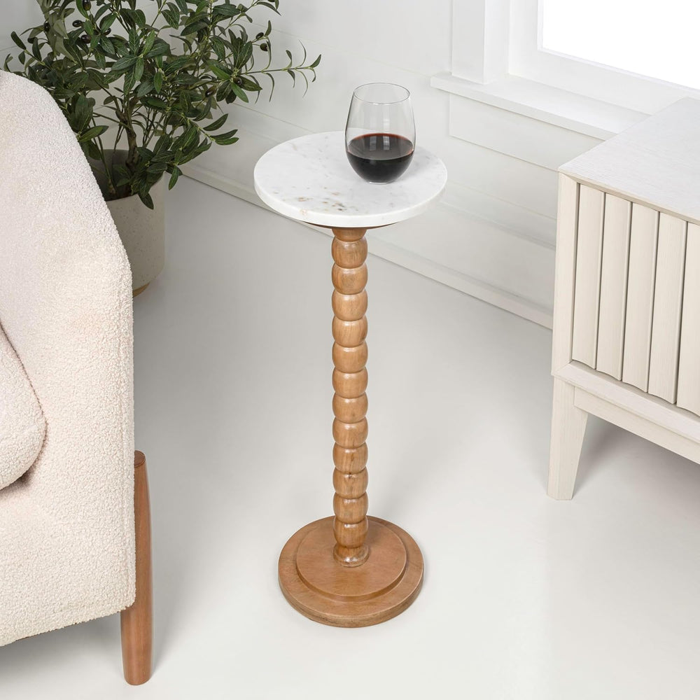 JONATHAN Y Monroe Wood and Marble Round Drink Table with Bobbin Spool Pedesta...