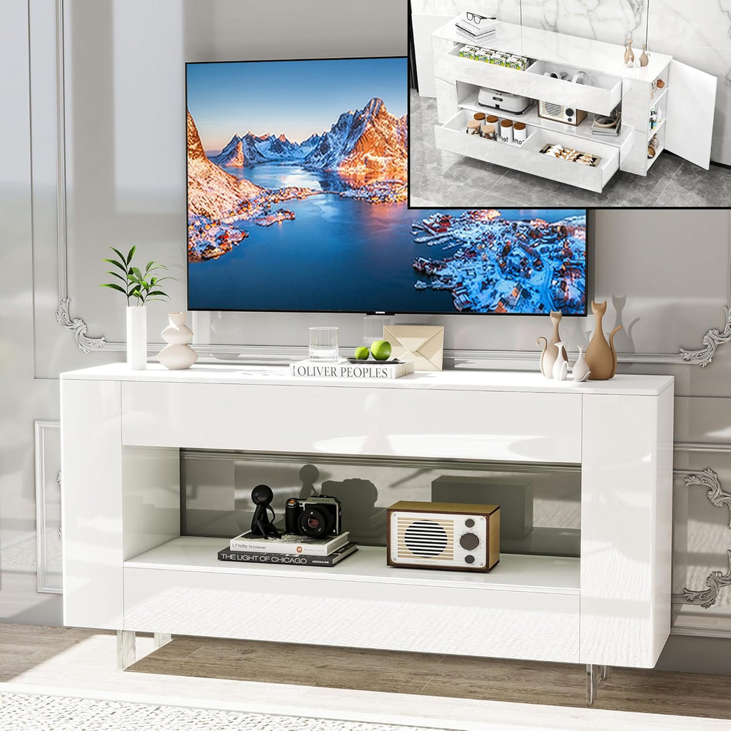 TV Stand High Gloss TV Cabinet with 2 Large Drawers & Push-Open Doors, Modern TV Console Storage Cabinet for Living Room, Office, White