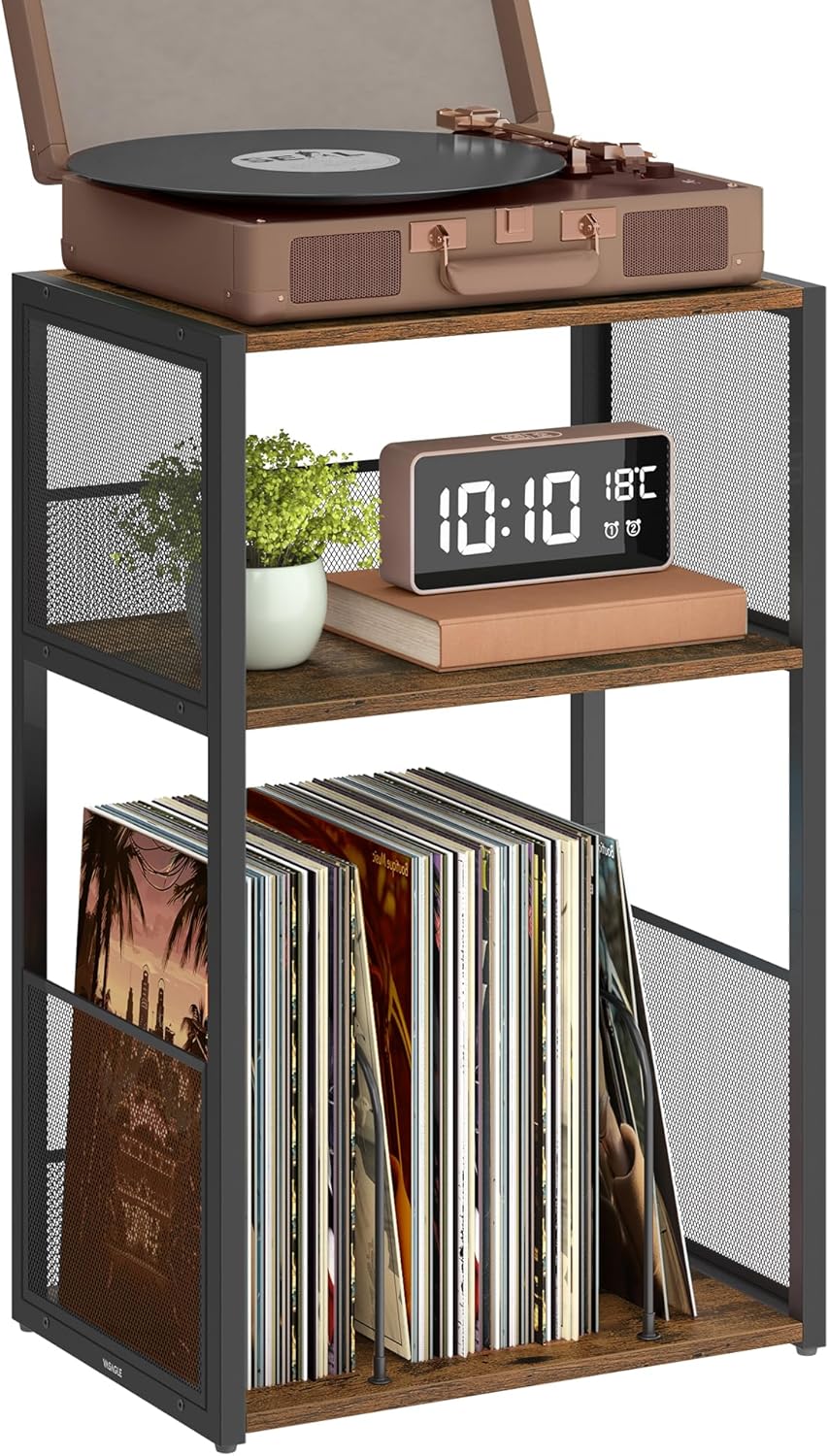 VASAGLE Record Player Stand, 3-Tier Side Table, Vinyl Record Storage up to 100 Albums, End Table for Living Room, Bedroom, Rustic Brown ULET275K01