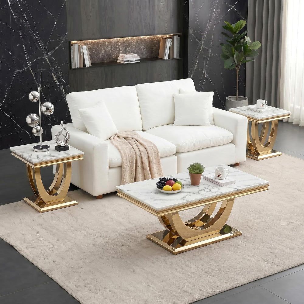 3 Piece Living Room Table Set, Modern Faux Marble Coffee Table and 2 End Tabl...