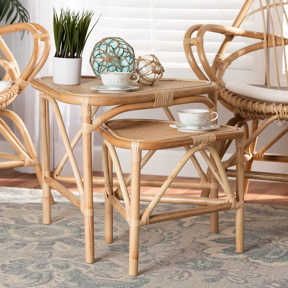 bali & pari Jayden Modern Bohemian Natural Rattan 2-Piece Nesting End Tab...