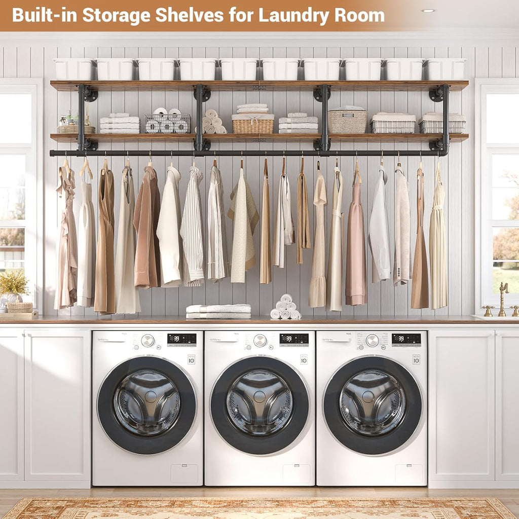 Aheaplus Industrial Pipe Clothes Rack with Top Shelf, 73In Space-Saving Wall Mounted Clothing Rack, 2 Tiers Heavy Duty Pipe Clothing Shelves with Hanging Rod for Laundry Room, Closet, Rustic Brown