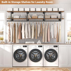 Aheaplus Industrial Pipe Clothes Rack with Top Shelf, 73In Space-Saving Wall Mounted Clothing Rack, 2 Tiers Heavy Duty Pipe Clothing Shelves with Hanging Rod for Laundry Room, Closet, Rustic Brown