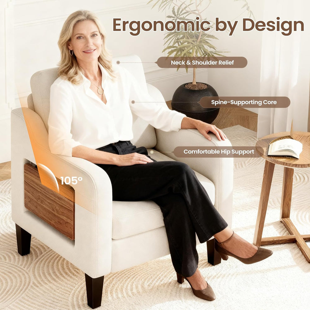 Upholstered Accent Chair with Foldable Side Table for Living Room | 2 Side Po...