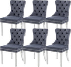 KCC Velvet Dining Chairs Set of 6, Upholstered High-end Tufted Dining Room Chair with Nailhead Back Ring Pull Trim Stainless Steel Legs, Contemporary Nikki Collection Modern Style for Kitchen, Gray