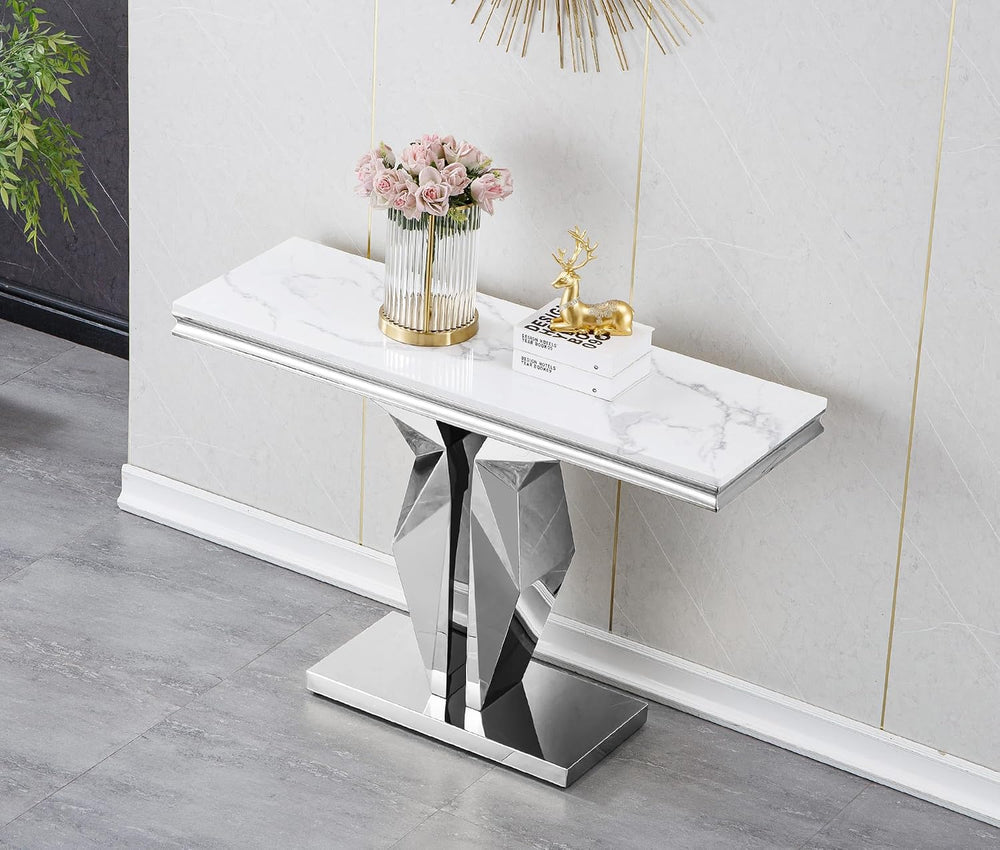 SSLine Modern White Faux Marble Console Table Luxury Entryway Table with Silv...