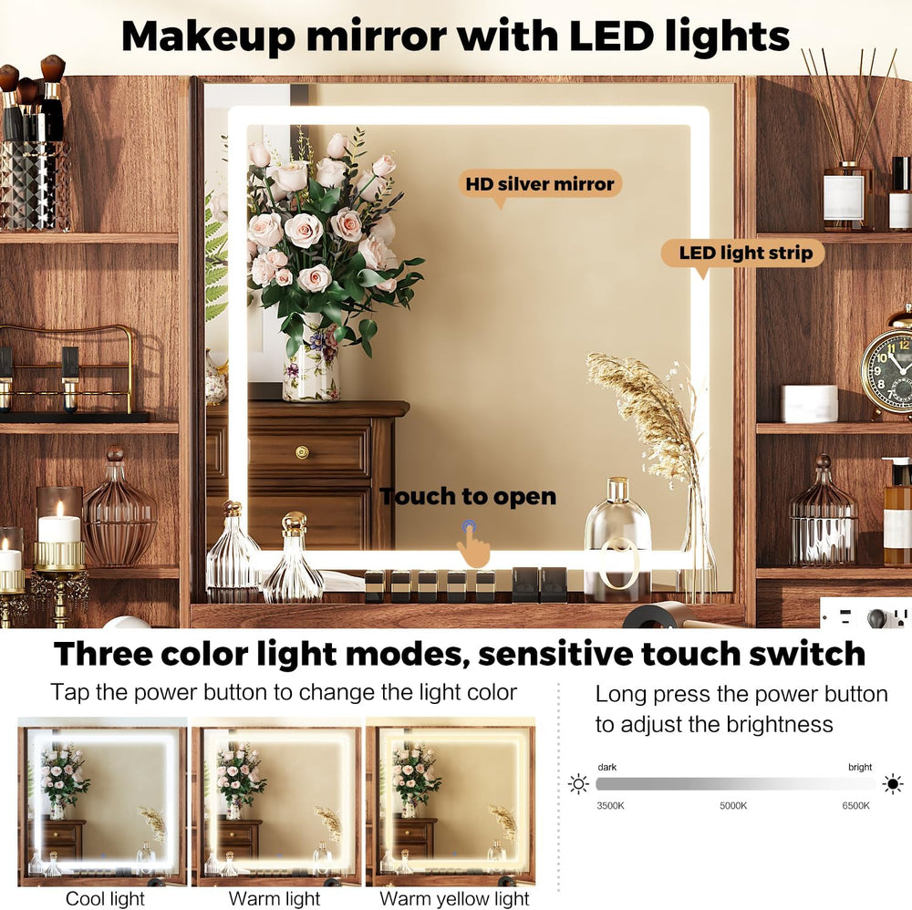 Arulvmrn 43” Wooden Makeup Vanity Set with Mirror and Lighted,Modern Vanity D...