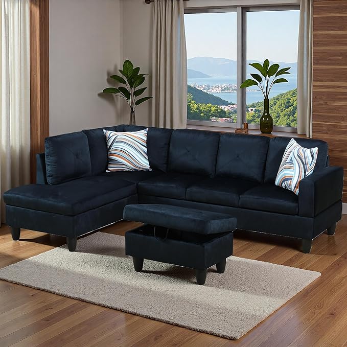 Sectional Couches for Living Room with Movable Chaise & Storage Ottoman - 97.5" Velvet L Shaped Couches for Living Room Apartment, 4 Seat Home Furniture Modular Sectional Sofas, Black Blue