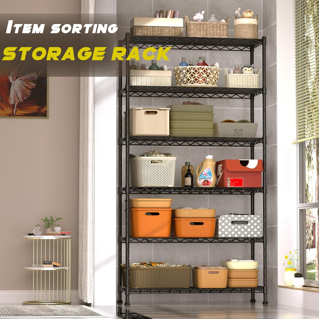 GIOTORENT 6-Wire Garage Shelving Storage Shelves, Metal Shelf Organizer 2100Lbs Capacity, Kitchen Storage Adjustable Shelf for Laundry Bathroom Pantry Closet, Black 36.2''W x 14''D x 72.4''H