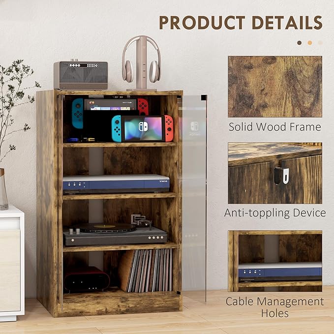 HOMCOM Media Cabinet, 4-Tier Stereo Cabinet for Vinyl Record Player, Gaming Console, AV Record Player Stand with Adjustable Shelves, Push-to-Open Glass Doors and Cable Management, Rustic Brown