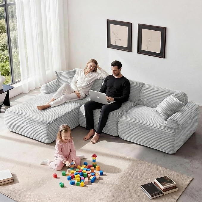 Modular Floor Sofa, Cozy Corduroy Sectional Couch with Fully Washable Covers, Frameless L Shaped Couch for Living Room, Family & Pet Friendly Lounge, No Assembly(Light Gray,Left Facing Chaise)