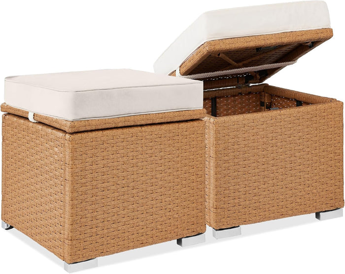 Best Choice Products Set of 2 Wicker Ottomans, Multipurpose Outdoor Furniture for Patio, Backyard, Additional Seating, Footrest, Side Table w/Storage, Removable Cushions - Natural/Ivory