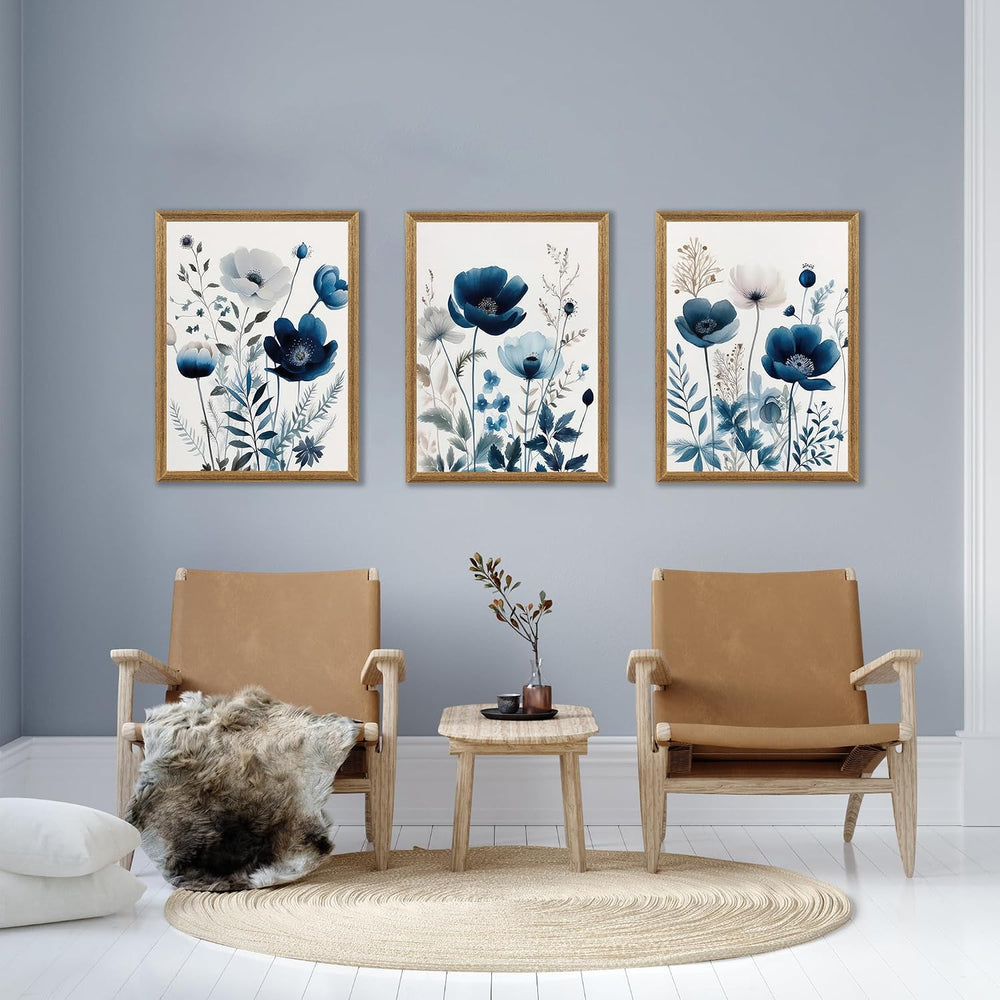 DUWQU Triptych Navy Blue Watercolor Botanical Floral Wall Art 12x16 in x3