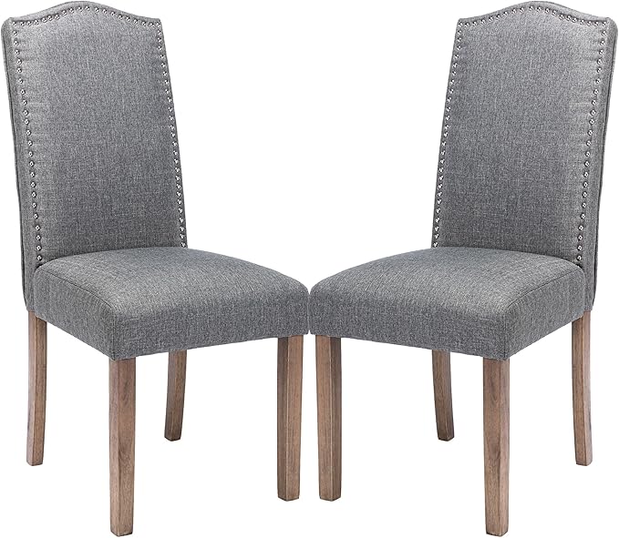Upholstered Dining Chair Modern Stylish Parsons Kitchen Diner High Back with Silver Nailhead Trim & Wood Legs, Set of 2, Fabric Classic Grey