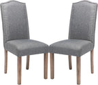 Upholstered Dining Chair Modern Stylish Parsons Kitchen Diner High Back with Silver Nailhead Trim & Wood Legs, Set of 2, Fabric Classic Grey