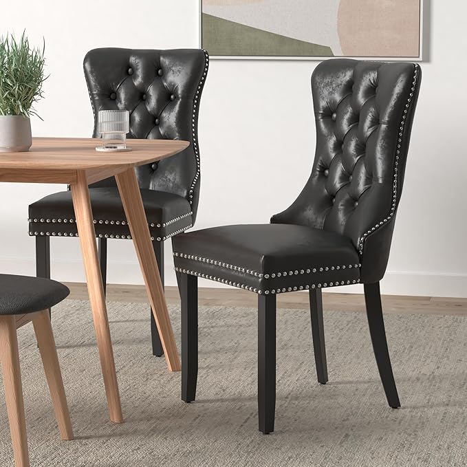 Black Dining Chairs Set of 6, Upholstered Velvet Dining Room Chairs with Back Ring Pull Trim and Solid Wood Legs,Modern Dining Chairs Perfect for Dining Room,Living Room,Kitchen(Black)